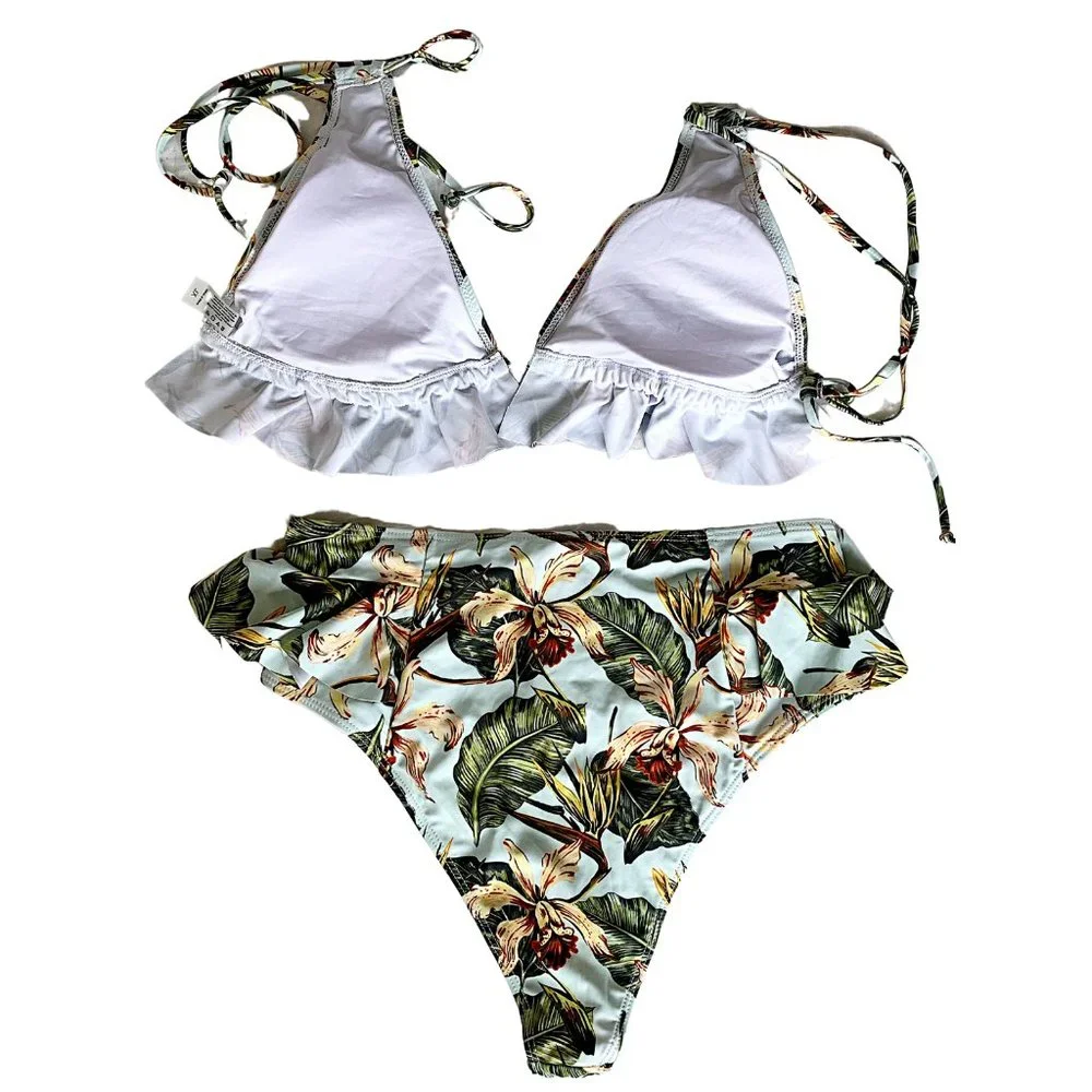 Tropical Palm High Waisted Ruffle Bikini Set - Picture 7 of 10
